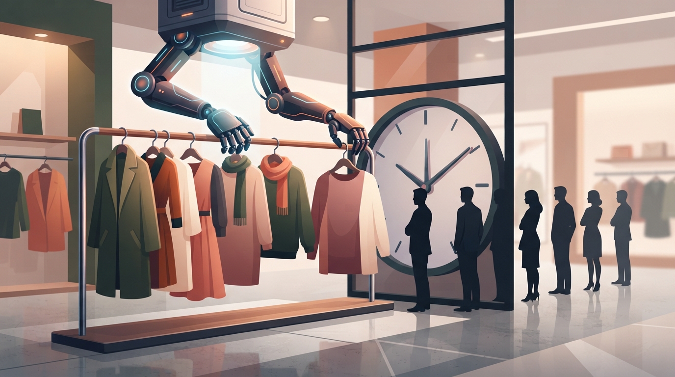 Illustration of a clothes rail gripped by robotic hands while a clock and waiting shopper shapes look on.
