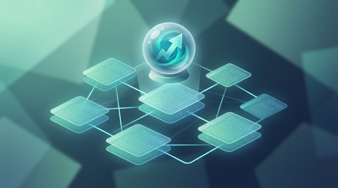 Stylised illustration of linked data tables with a crystal-ball shape above showing a rising arrow.