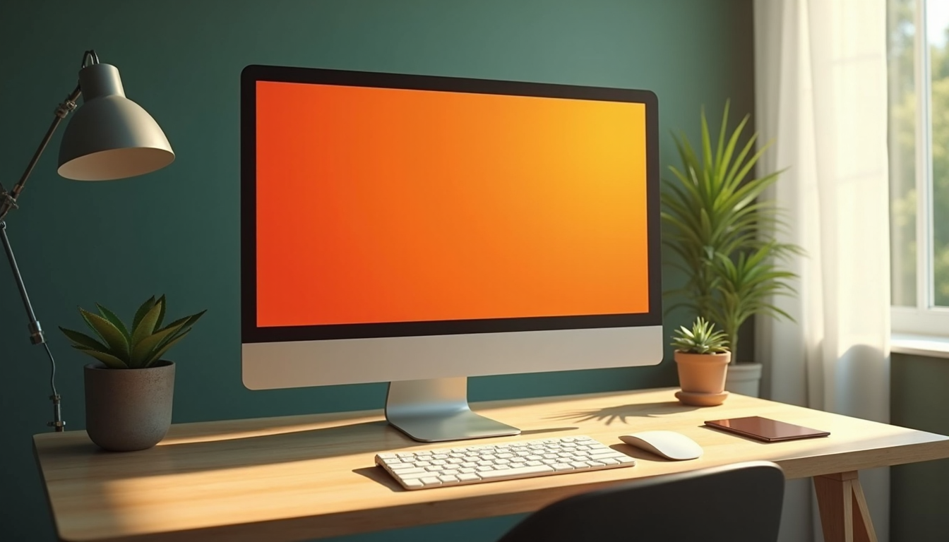 A vibrant orange all-in-one desktop computer on a wooden desk.