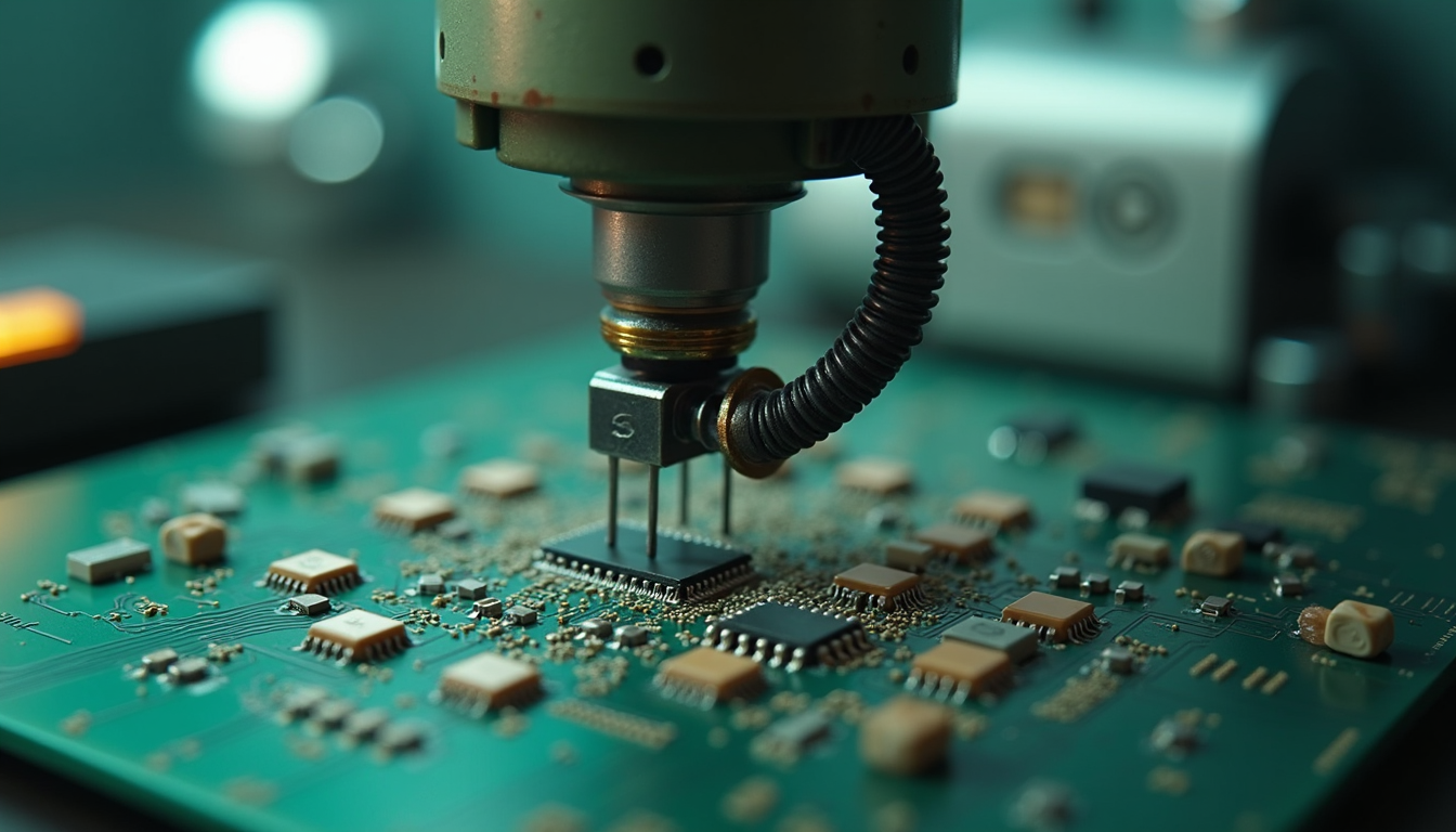 A close-up of a robotic arm assembling tiny sub-micron components on a circuit board in a sterile environment.