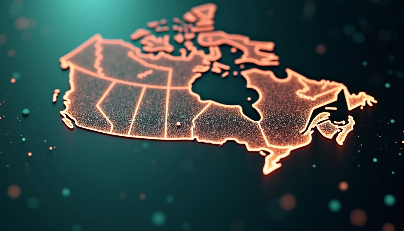 A digital map of Canada with interconnected nodes.