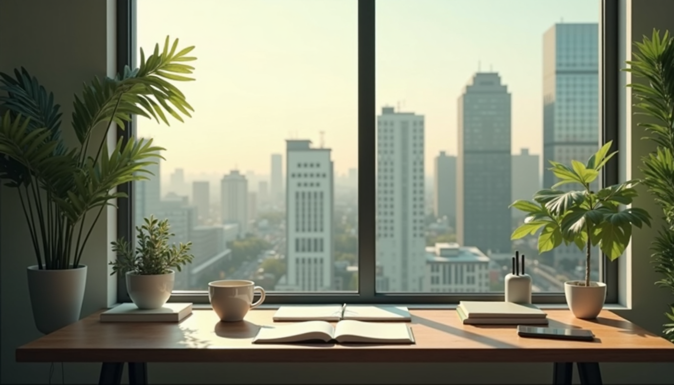 A minimalist workspace with a notepad and coffee cup near a window.