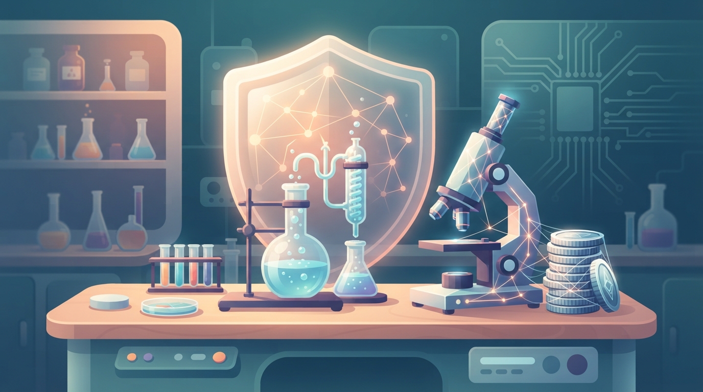 Illustration of lab flasks and a microscope under a shield-shaped dome, with glowing network lines and a stack of coins.