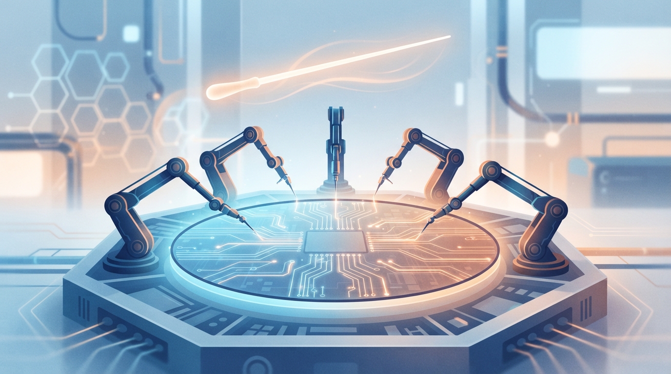 Illustration of robotic arms tracing circuit paths on a glowing silicon wafer beneath a baton of light.