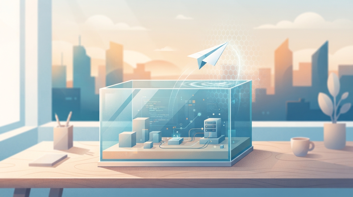 Illustration of a paper aeroplane being stopped by a glass barrier at the edge of a sandbox, suggesting a blocked upload.