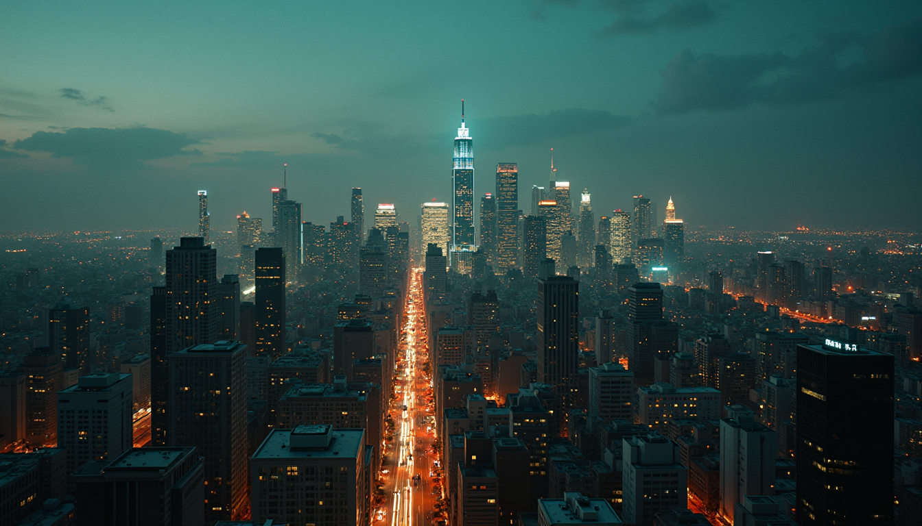 A city skyline at dusk.
