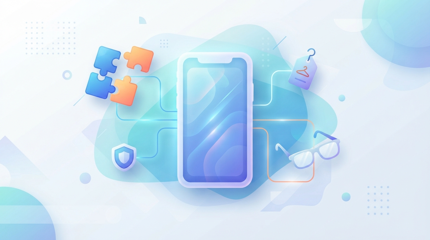 Illustration of a phone surrounded by a tag, shield, glasses and puzzle pieces joined by lines.