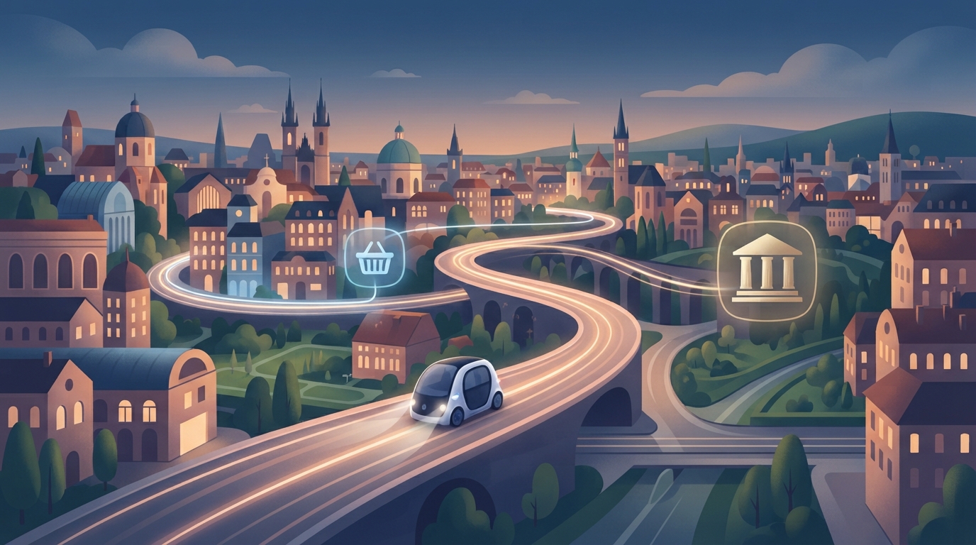 Stylised illustration of a city skyline with a car, shopping basket and bank shapes linked by glowing lines.