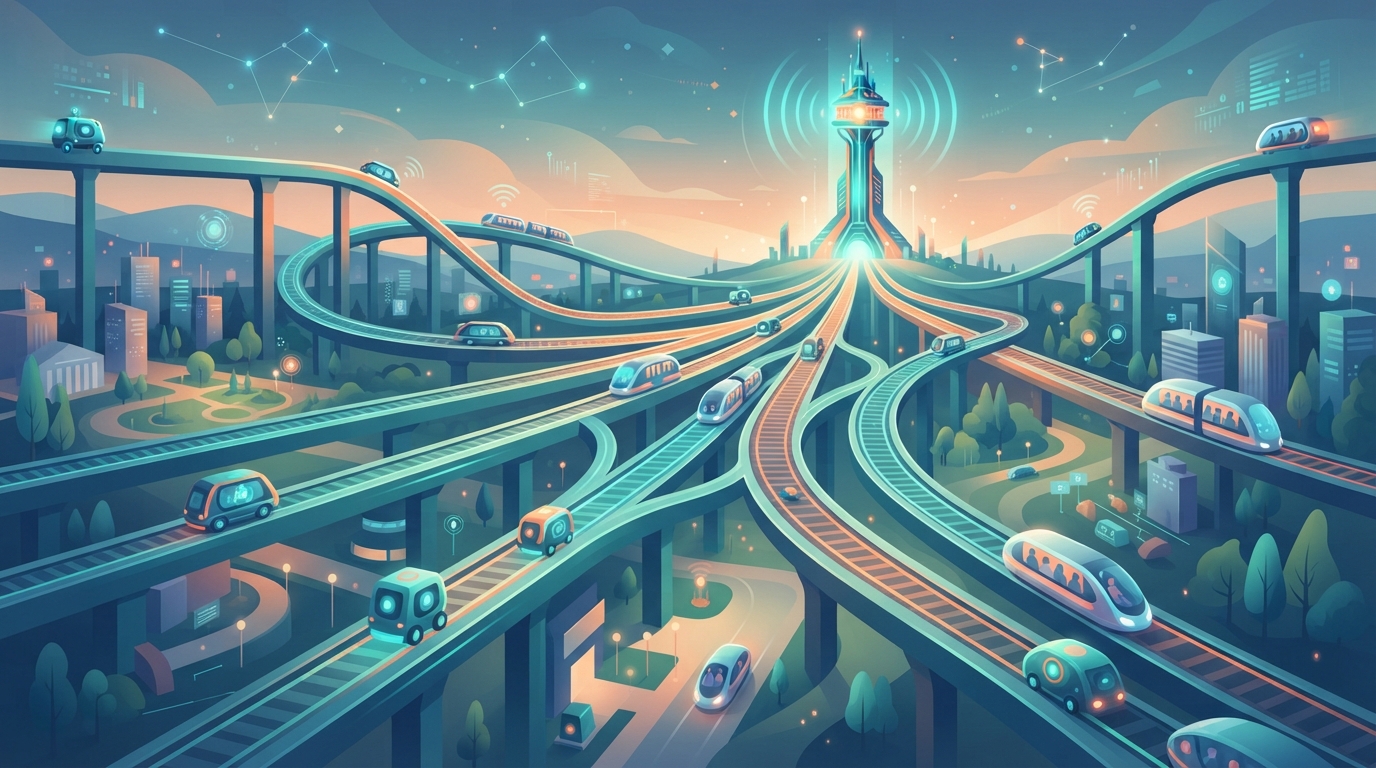 Railway tracks branching toward a glowing signal tower, with robot-like and human-sized carriages travelling together.