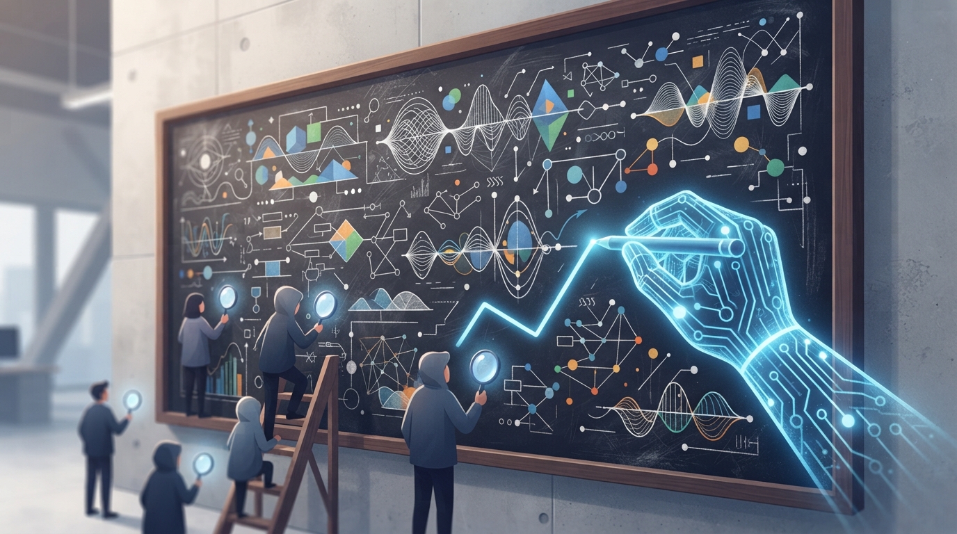 Illustration of a chalkboard of geometric shapes and waves being extended by a glowing mechanical hand while small figures inspect it.