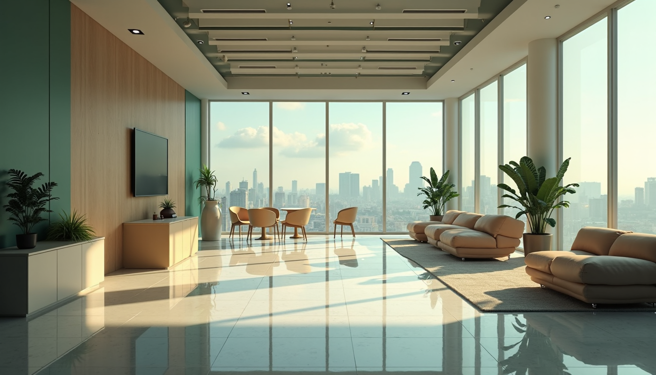 A modern, brightly lit office space with minimalist furniture.