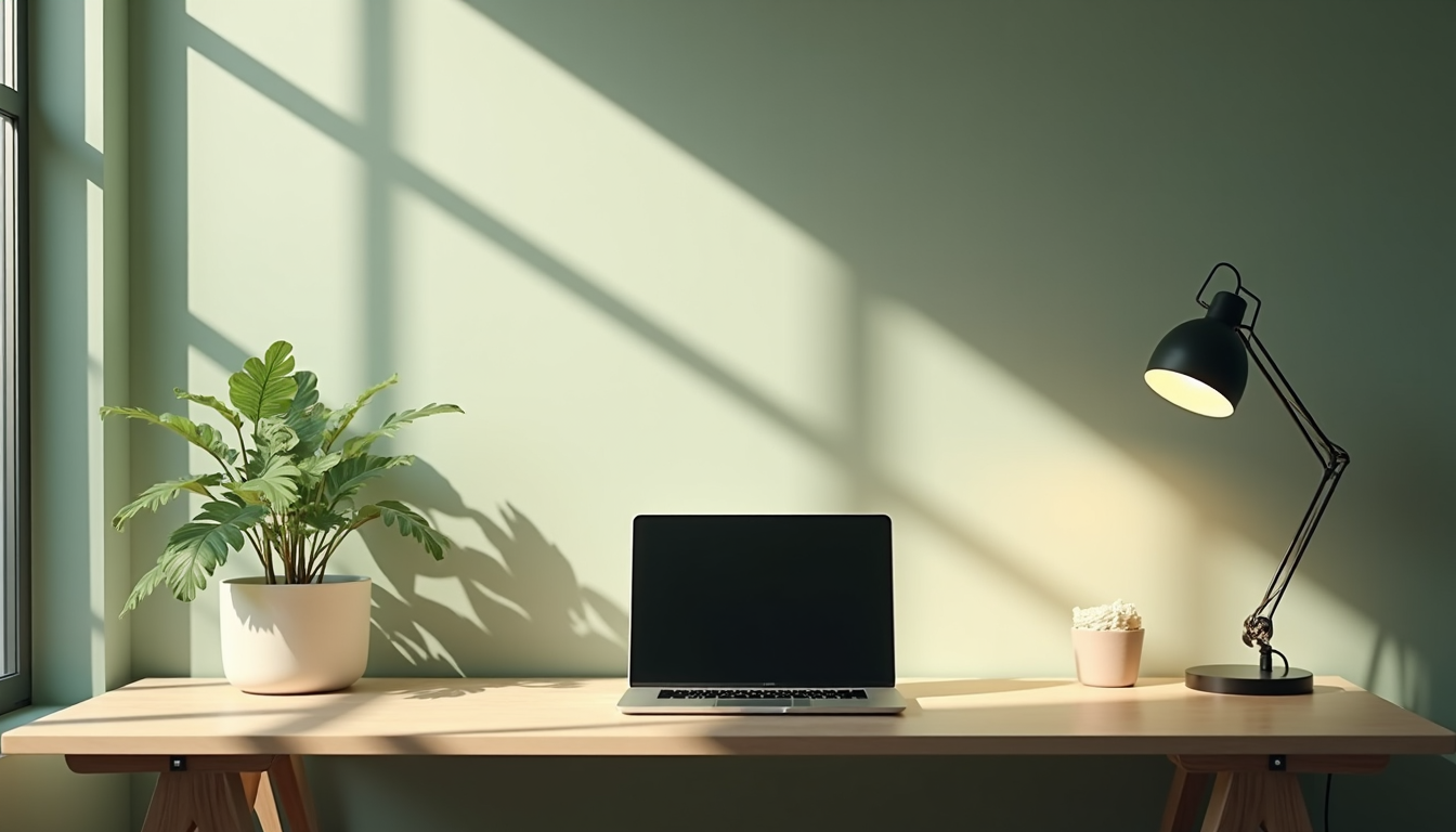 A minimalist office desk with a laptop and a small plant in soft morning light.