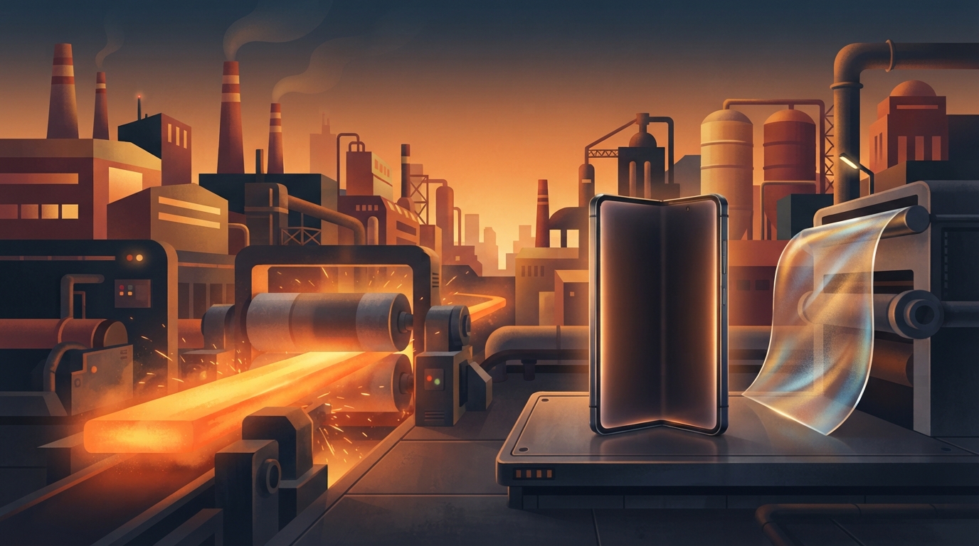 Stylised illustration of a factory skyline with molten titanium being rolled beside a folding phone silhouette.
