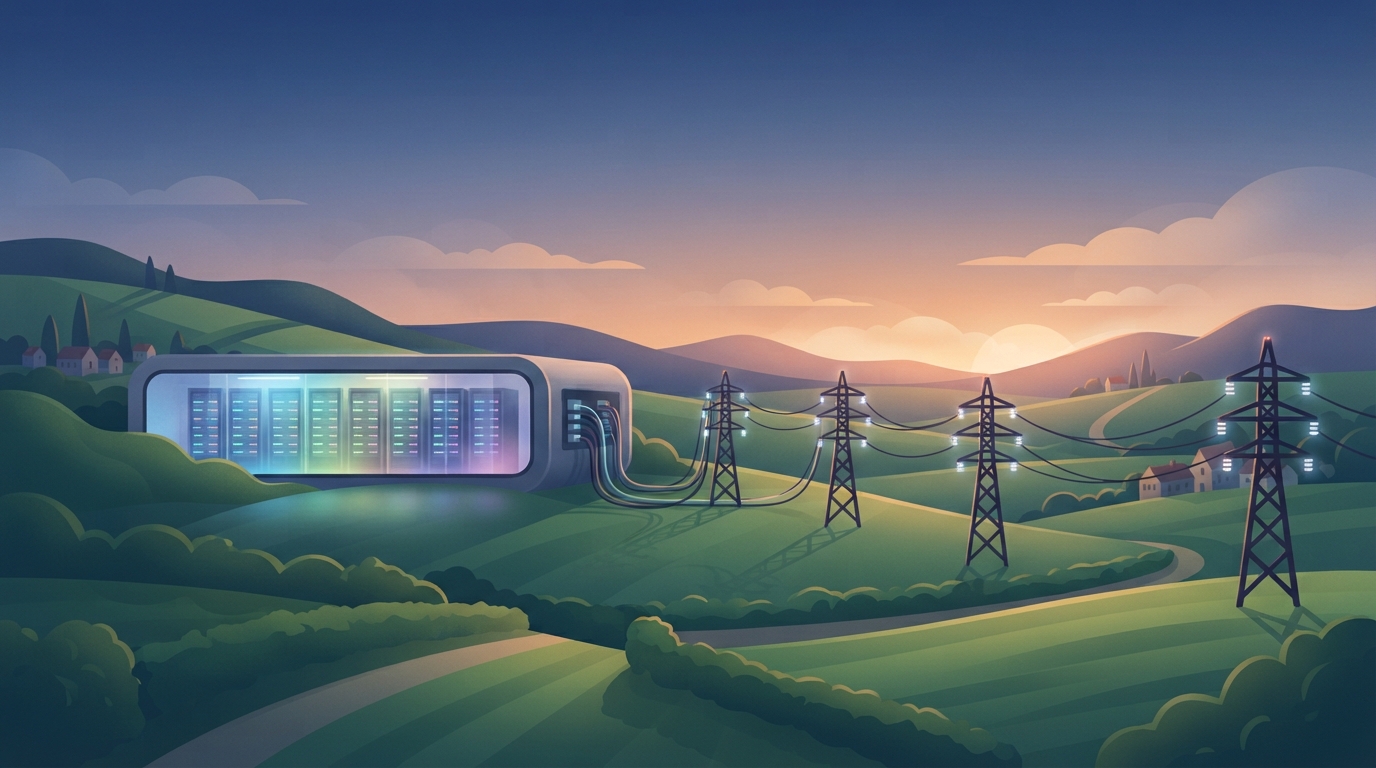 Illustration of power pylons connected by cables to rows of glowing server racks in a green landscape.