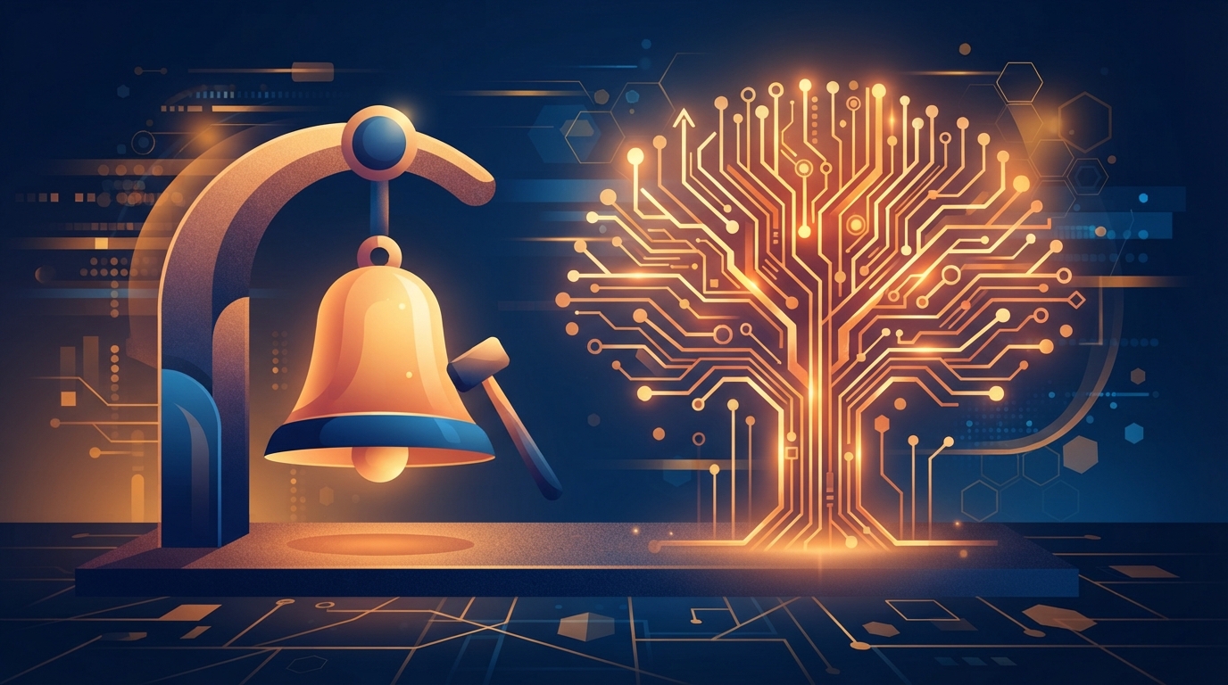 Stylised illustration of a stock-exchange bell next to a glowing circuit-board tree in amber and blue.