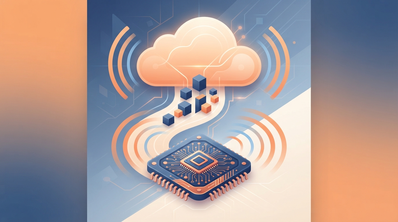 Illustration of a cloud above a microchip with sound waves and data blocks flowing between them.