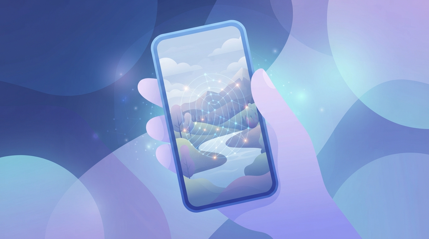 Illustration of a phone displaying a landscape with a faint glowing dot pattern running through it, suggesting a hidden watermark.