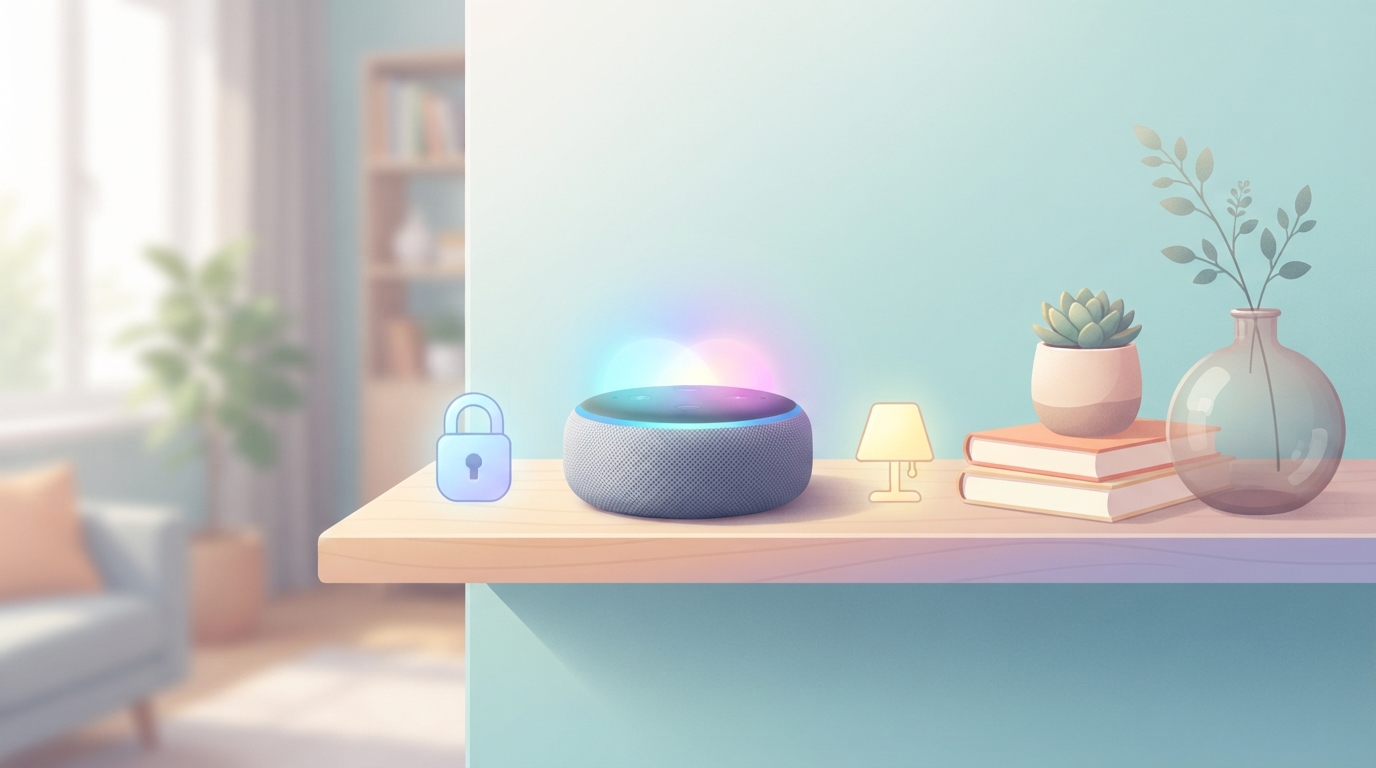 Illustration of a small round smart speaker glowing with colour, surrounded by simple home icons.