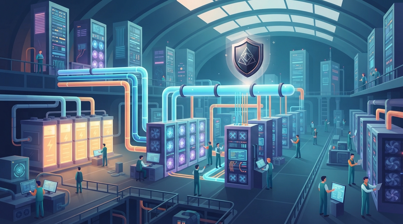 Illustration of server racks connected to cooling pipes and batteries with a shield-shaped badge above.