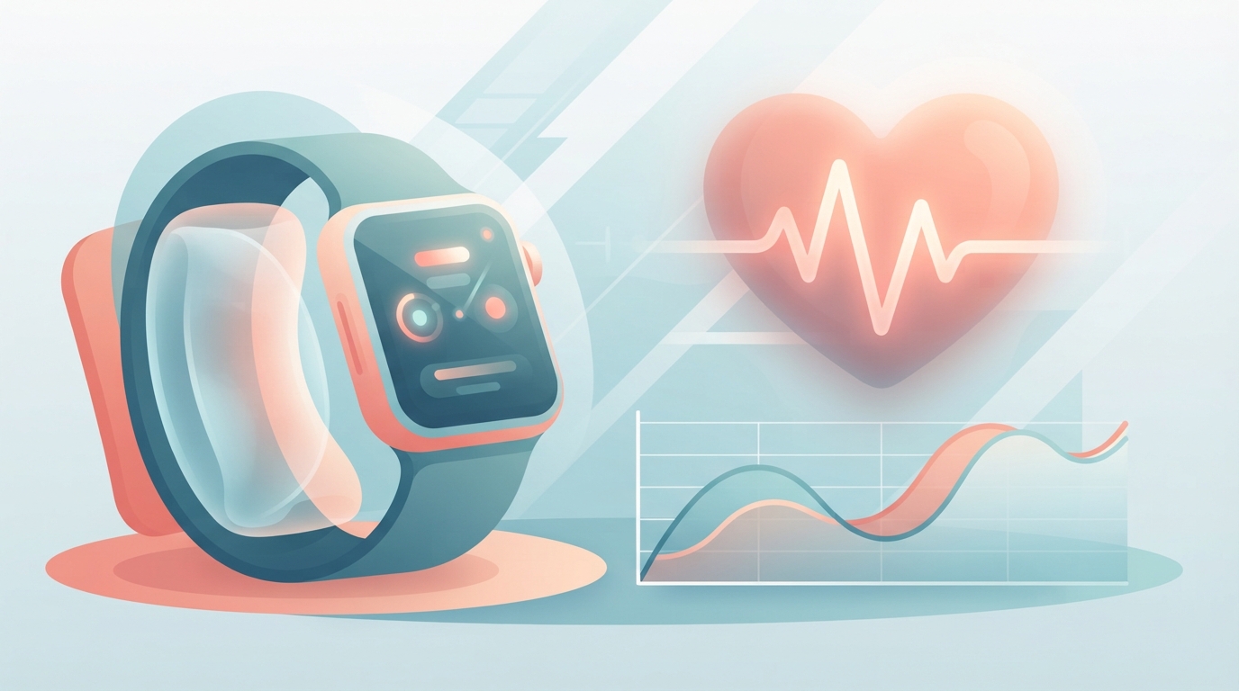 Illustration of a smartwatch with an inflating cuff next to a heart pulse waveform and a simple line chart.