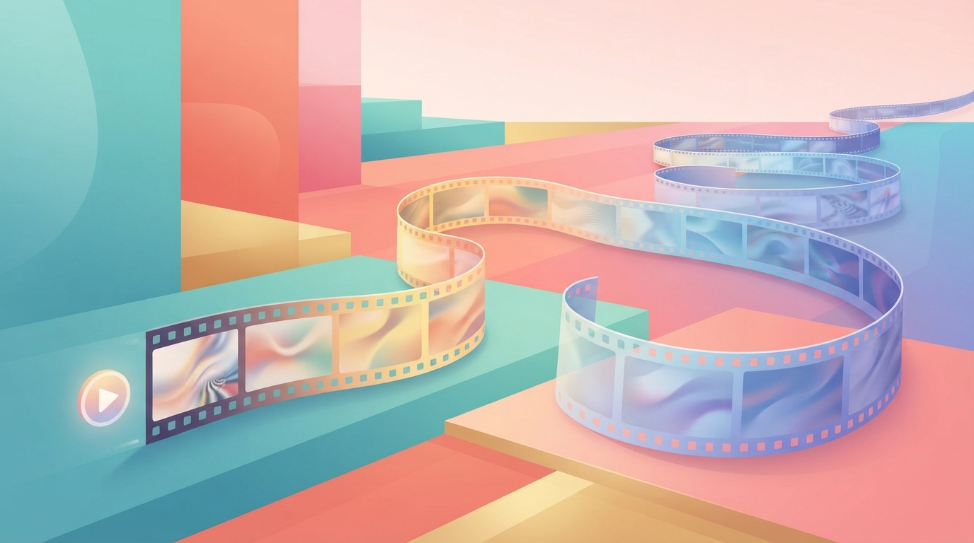 Stylised illustration of a short film strip extending into a much longer one with a play button.