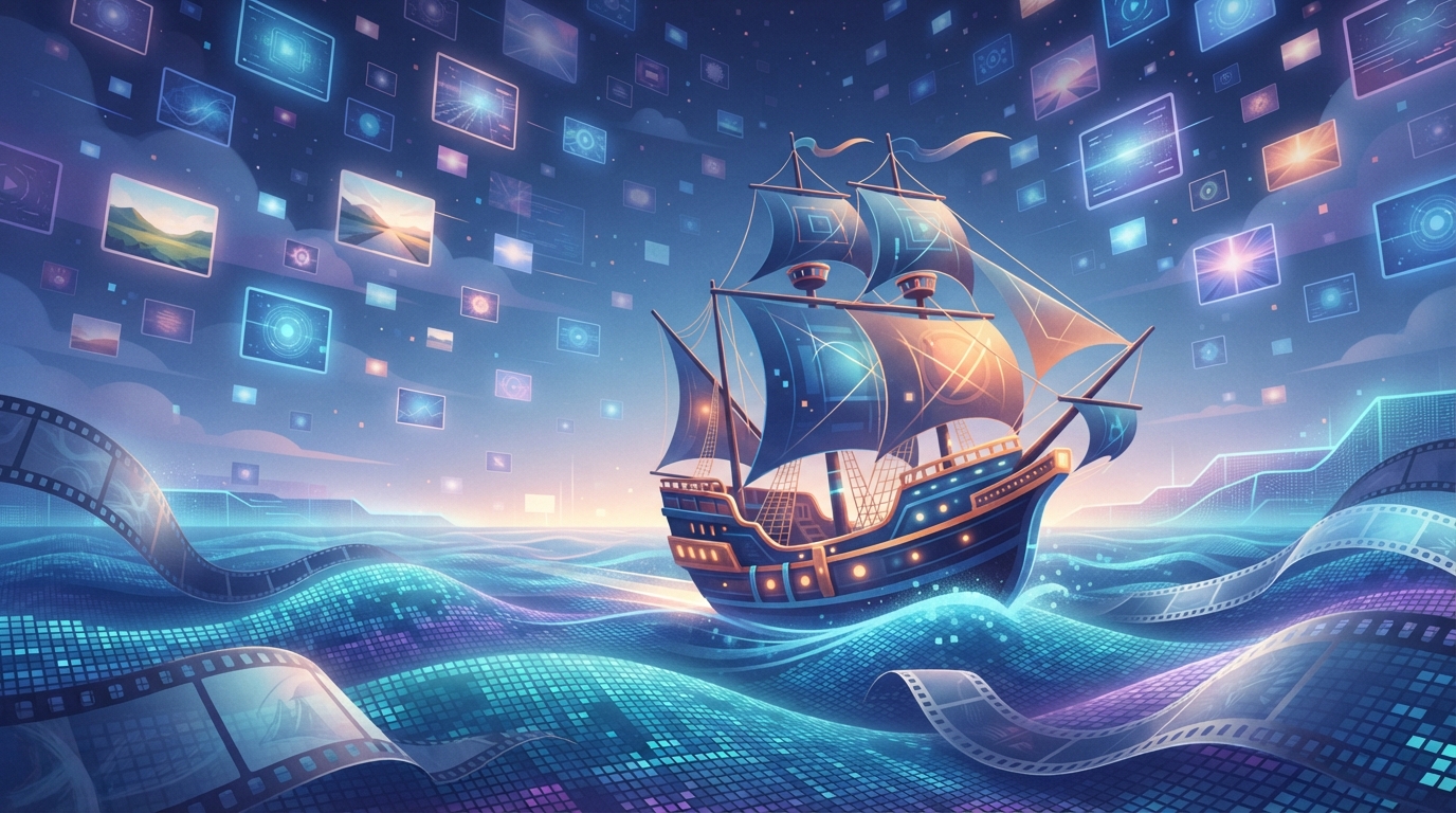 Illustration of an ancient ship sailing on pixelated, film-strip waves beneath floating square video frames.