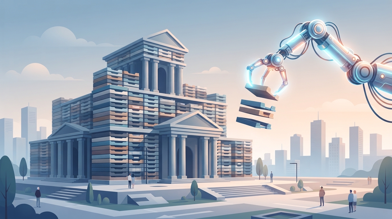 Illustration of a building made of paper trays, with a mechanical arm lifting some away.