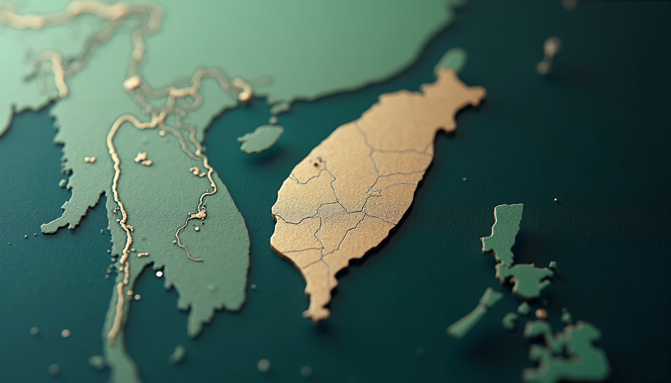 A stylized map of Asia highlighting the Taiwan region.