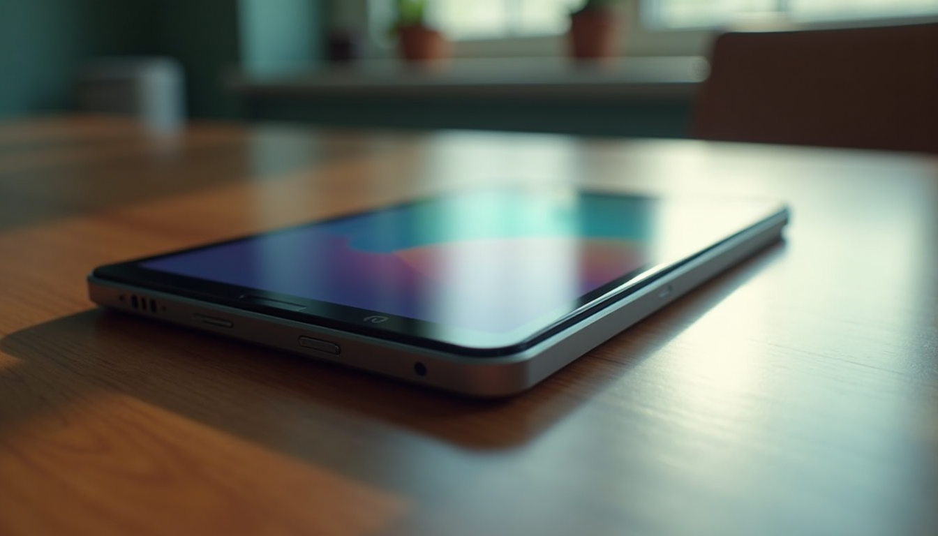 A foldable smartphone on a wooden table.