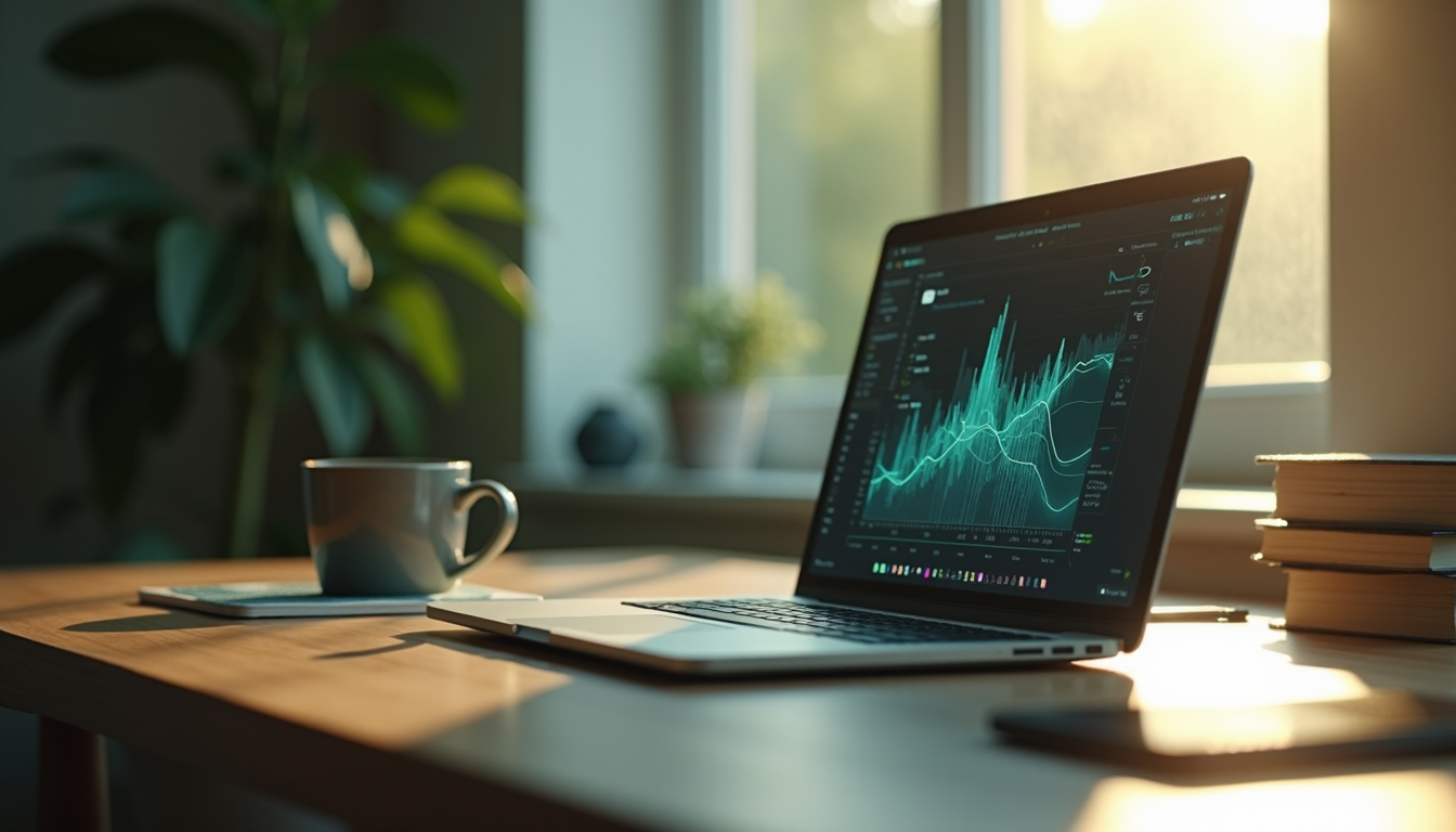 A laptop on a desk showing an abstract data visualization.