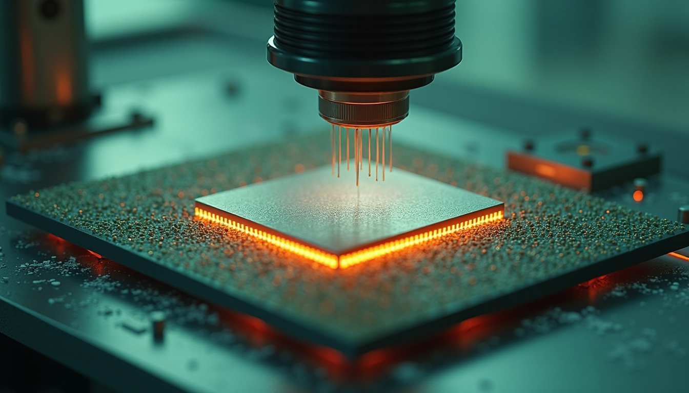 A schematic representation of a silicon wafer being tested with heat sources and cooling plates in a cleanroom environment.
