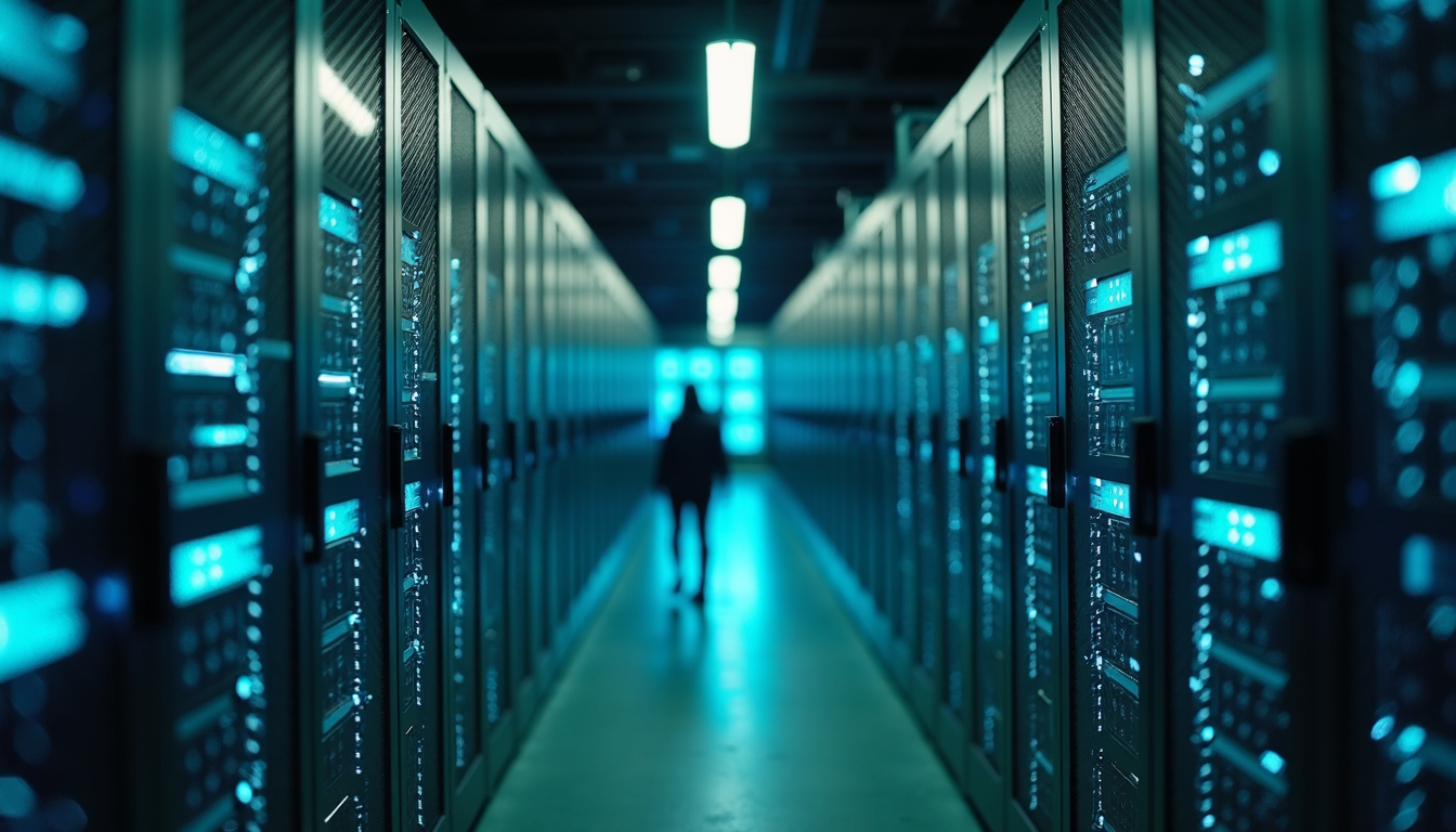 A modern data center with glowing lights.