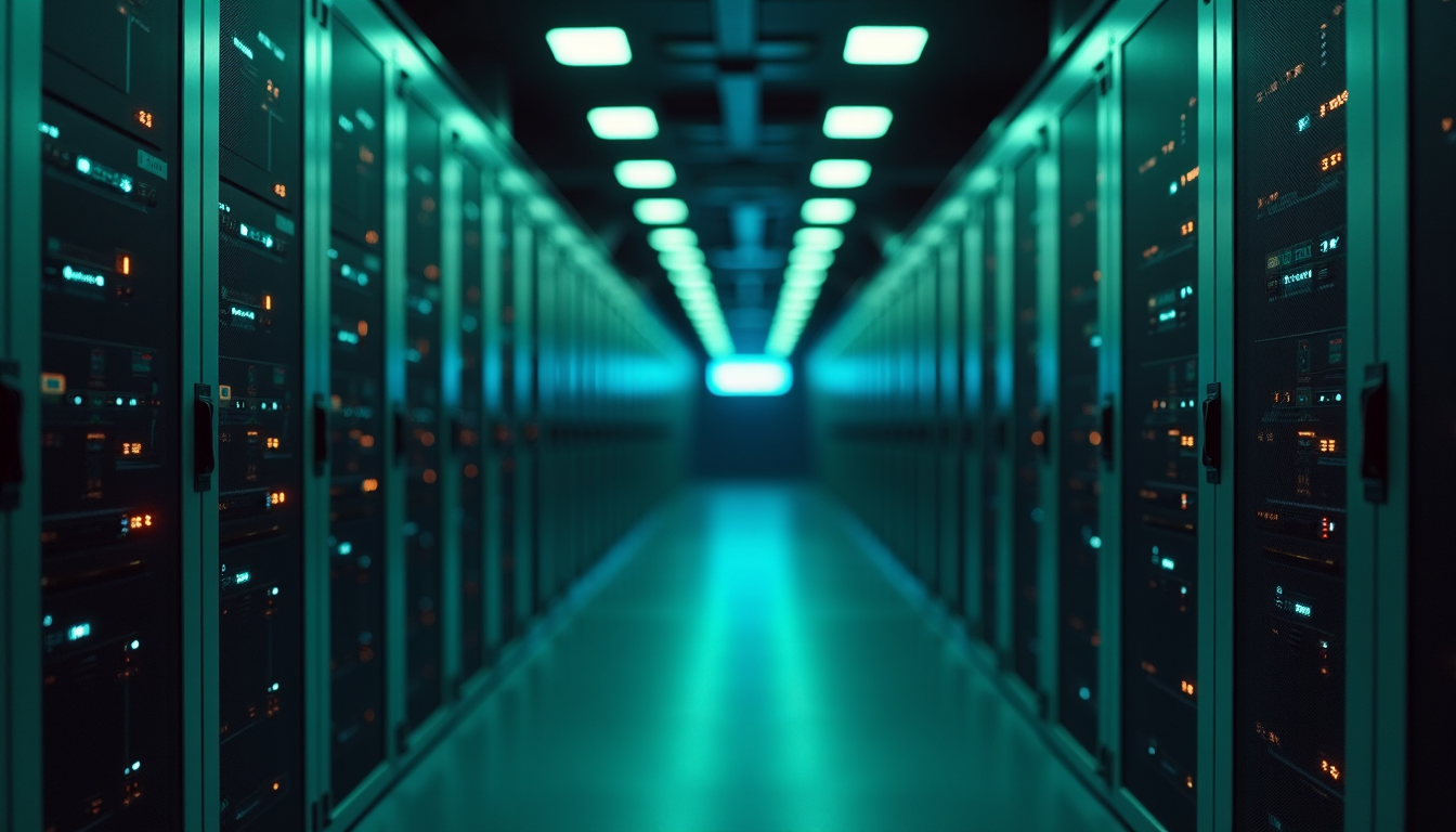 Close-up of server racks with blue lighting.