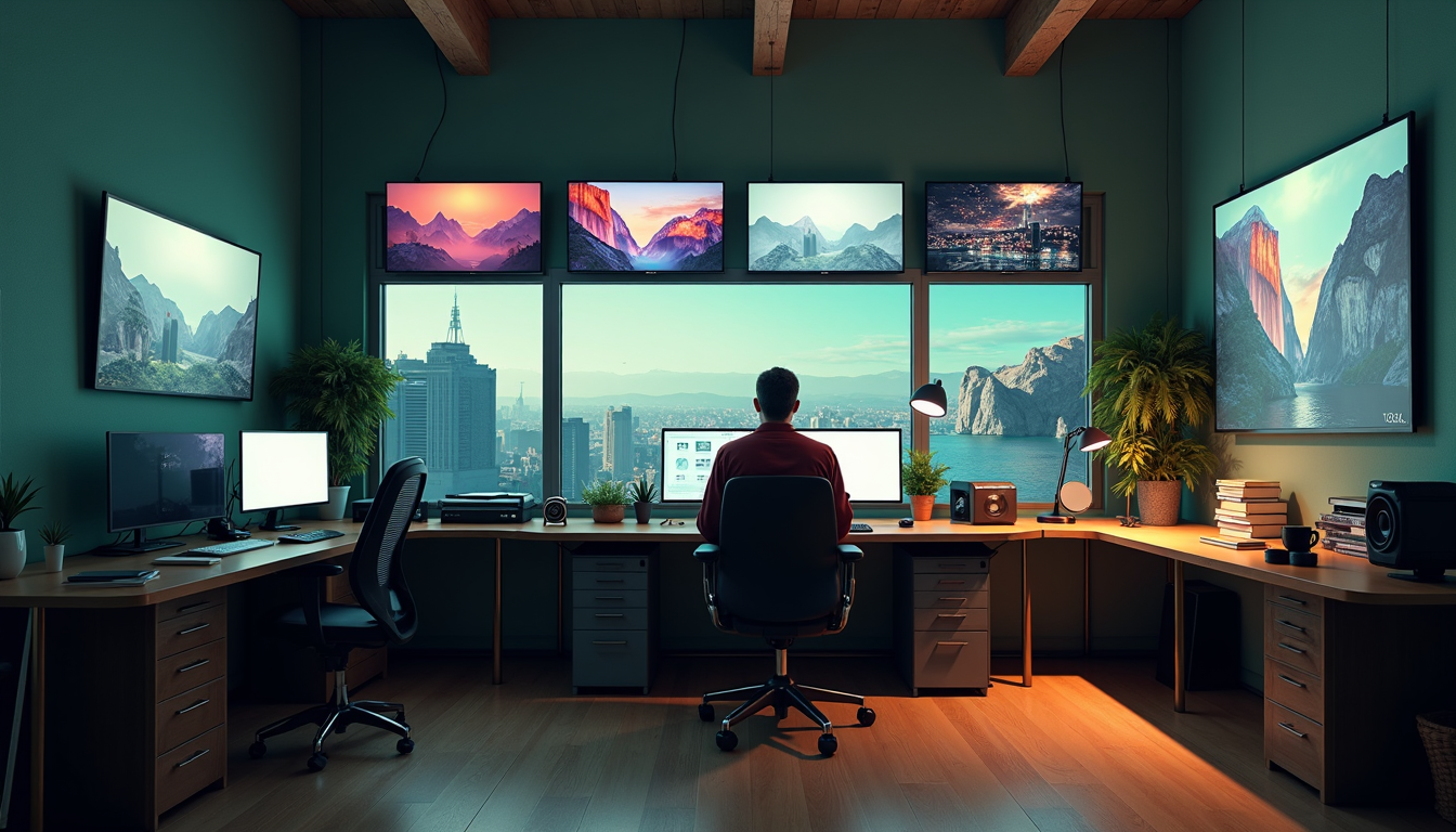 A wide shot of a modern creative studio with multiple screens showing diverse video clips in various stages of production.