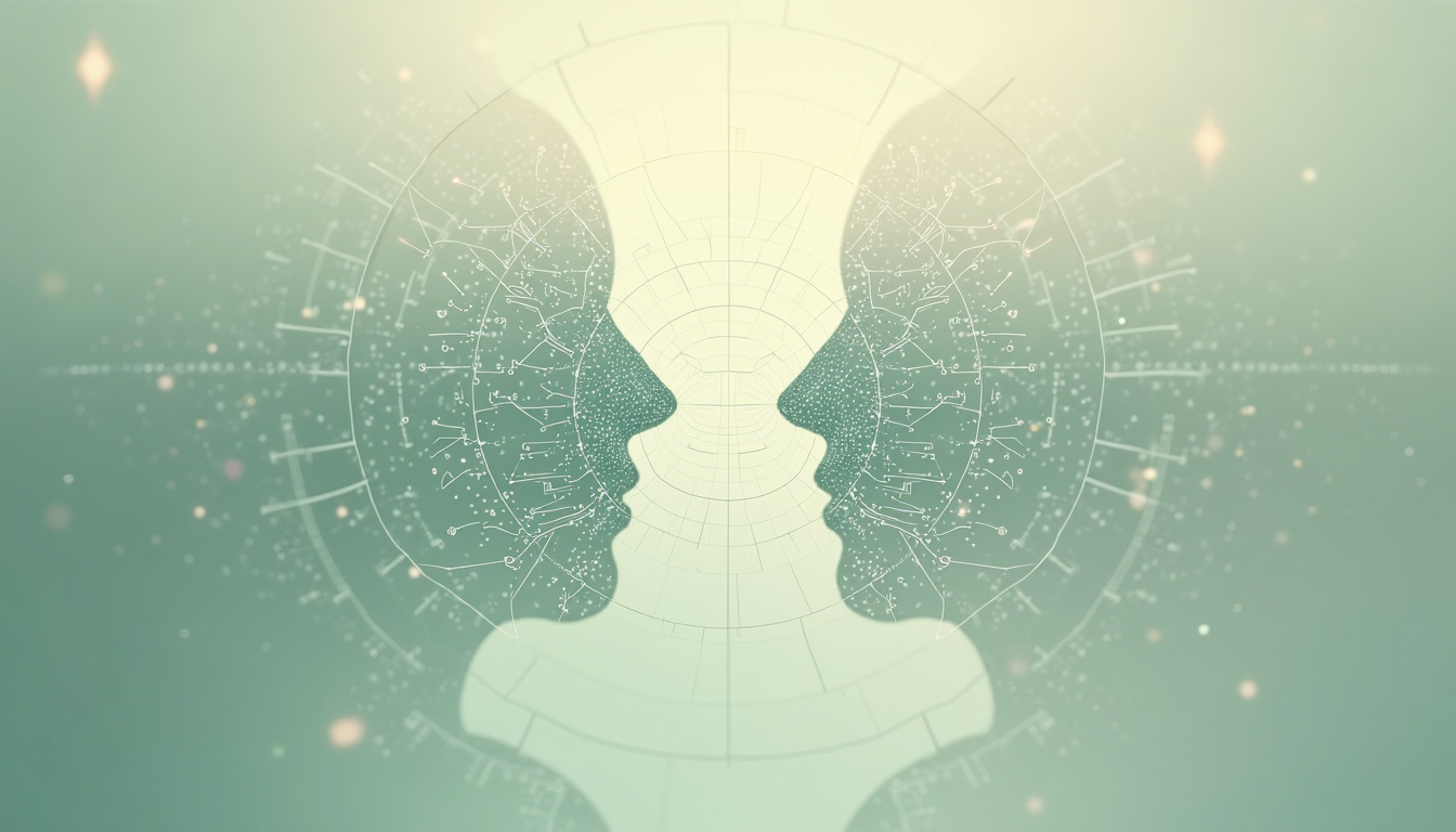 A stylized diagram of two interconnected circles representing AI and human interaction, shown on a neutral background.