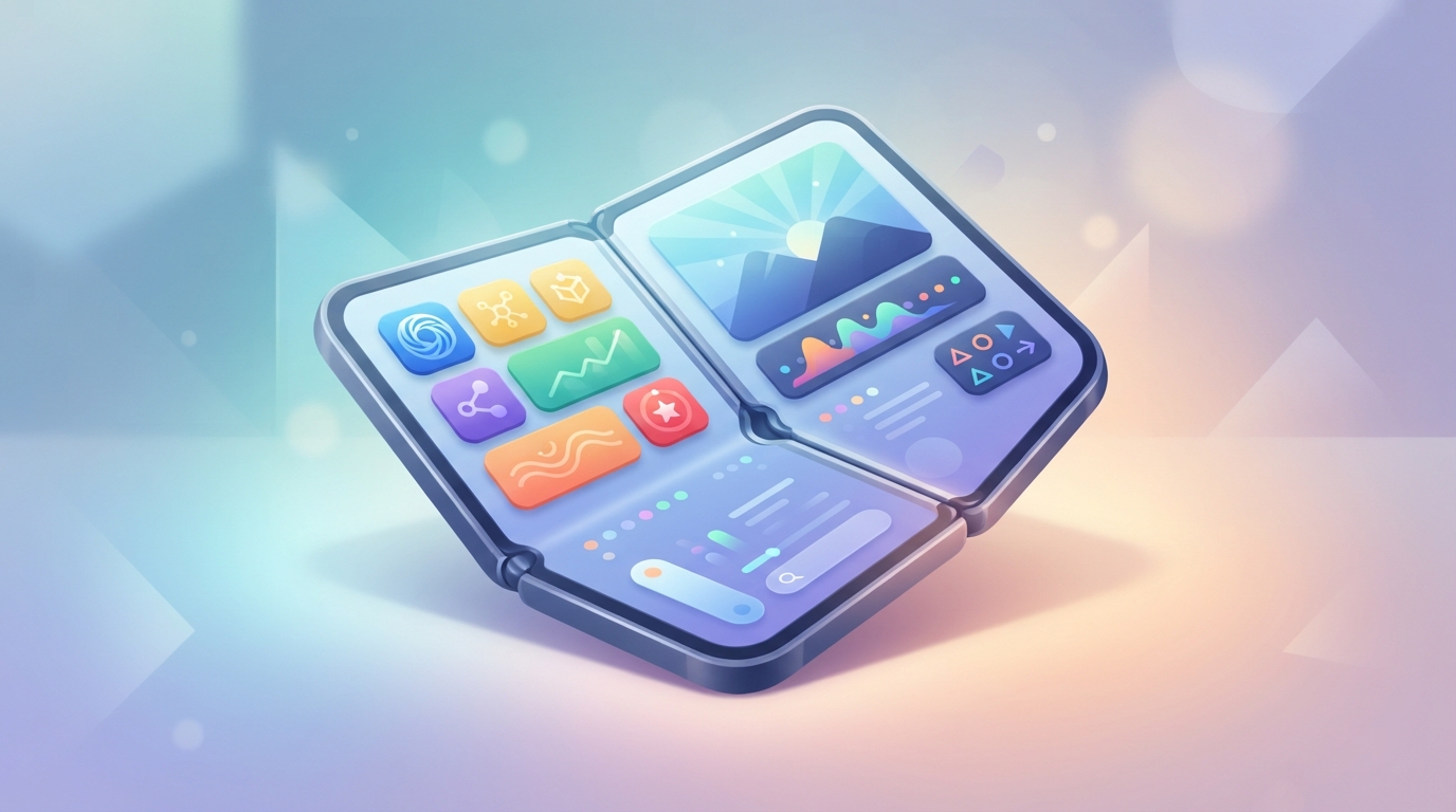Illustration of a half-folded phone with abstract coloured app tiles shown on both halves of the screen.