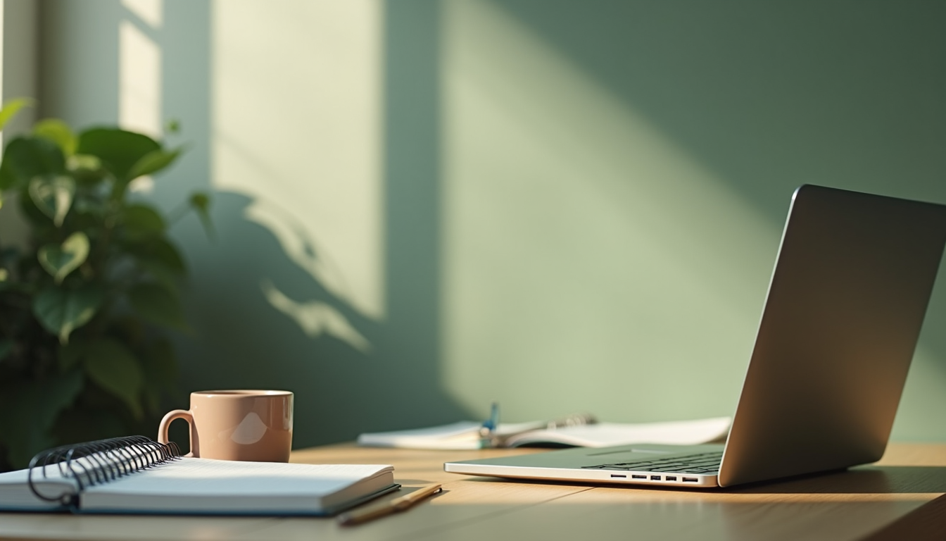 A clean office desk with a laptop and a notebook, bathed in soft morning light, showing a workspace ready for strategic planning.