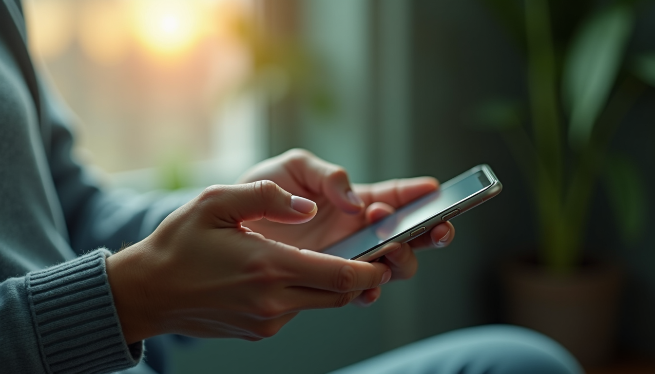 Hands holding a mobile device.