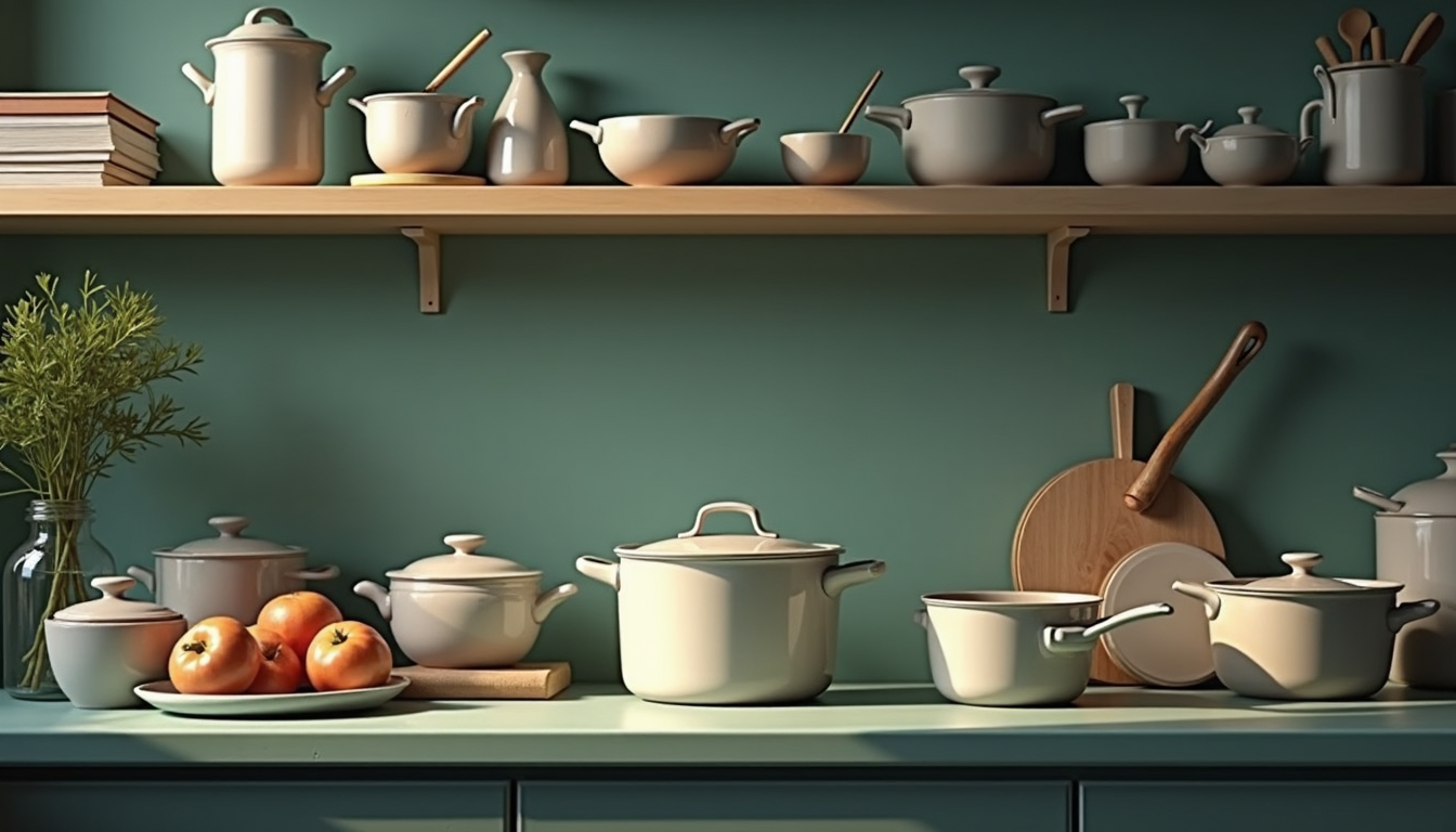 A collection of cooking pans and tools.