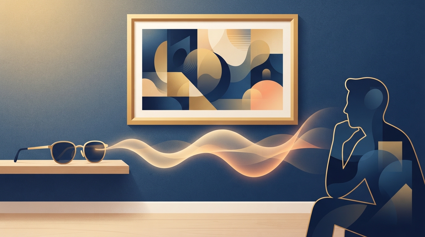 Illustration of sound waves flowing from eyeglasses in front of an abstract painting in a gallery.