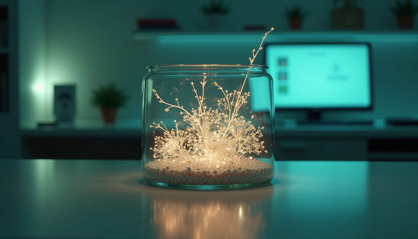 A laboratory setting with soft blue lighting where a high-tech glass container holds glowing neural structures, with a sleek computer terminal nearby.