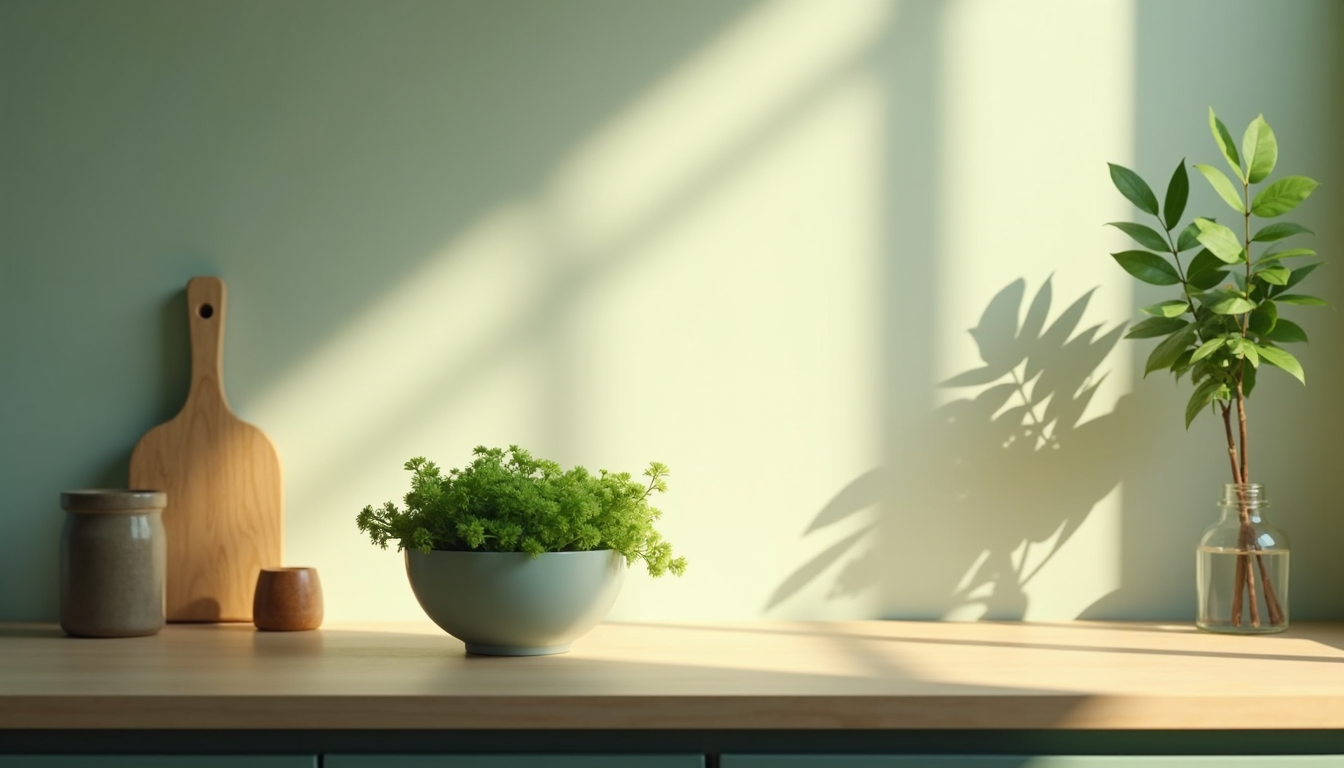 A bowl of greens and a wooden spoon on a kitchen counter.