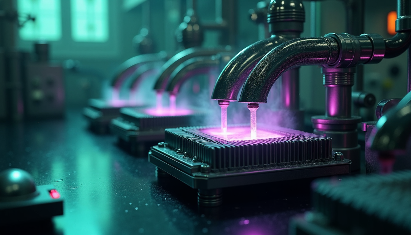 A high-tech laboratory setting with a close-up of a metallic heat sink and intricate liquid cooling pipes.