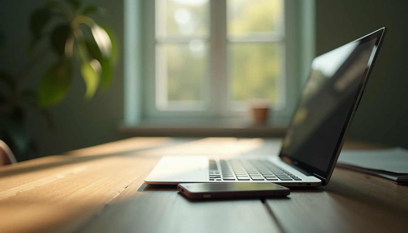 A smartphone and laptop on a wooden desk in a bright room.