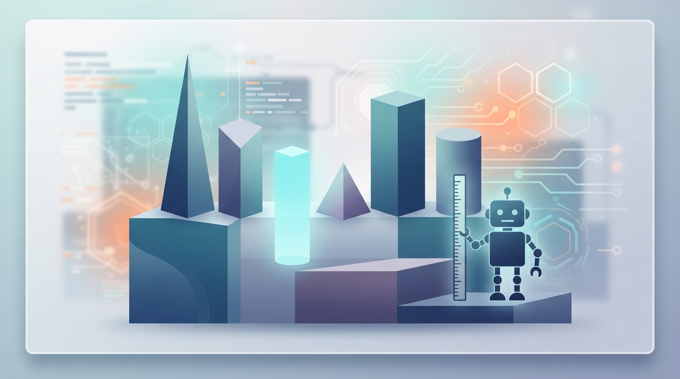 Abstract podium of six geometric figures of different heights beside a small robot holding a measuring stick.