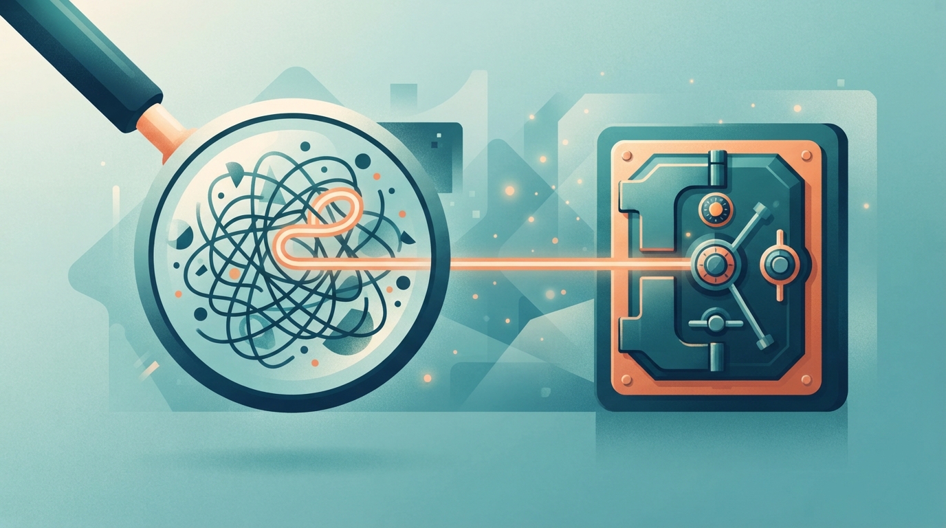 Illustration of a magnifying glass clarifying a tangle of lines into one path towards a locked vault.