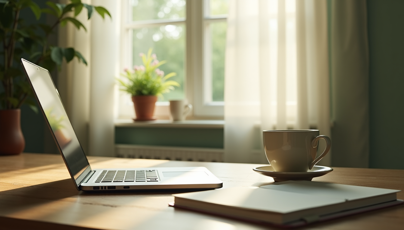 A minimalist workspace with a laptop and notebook.