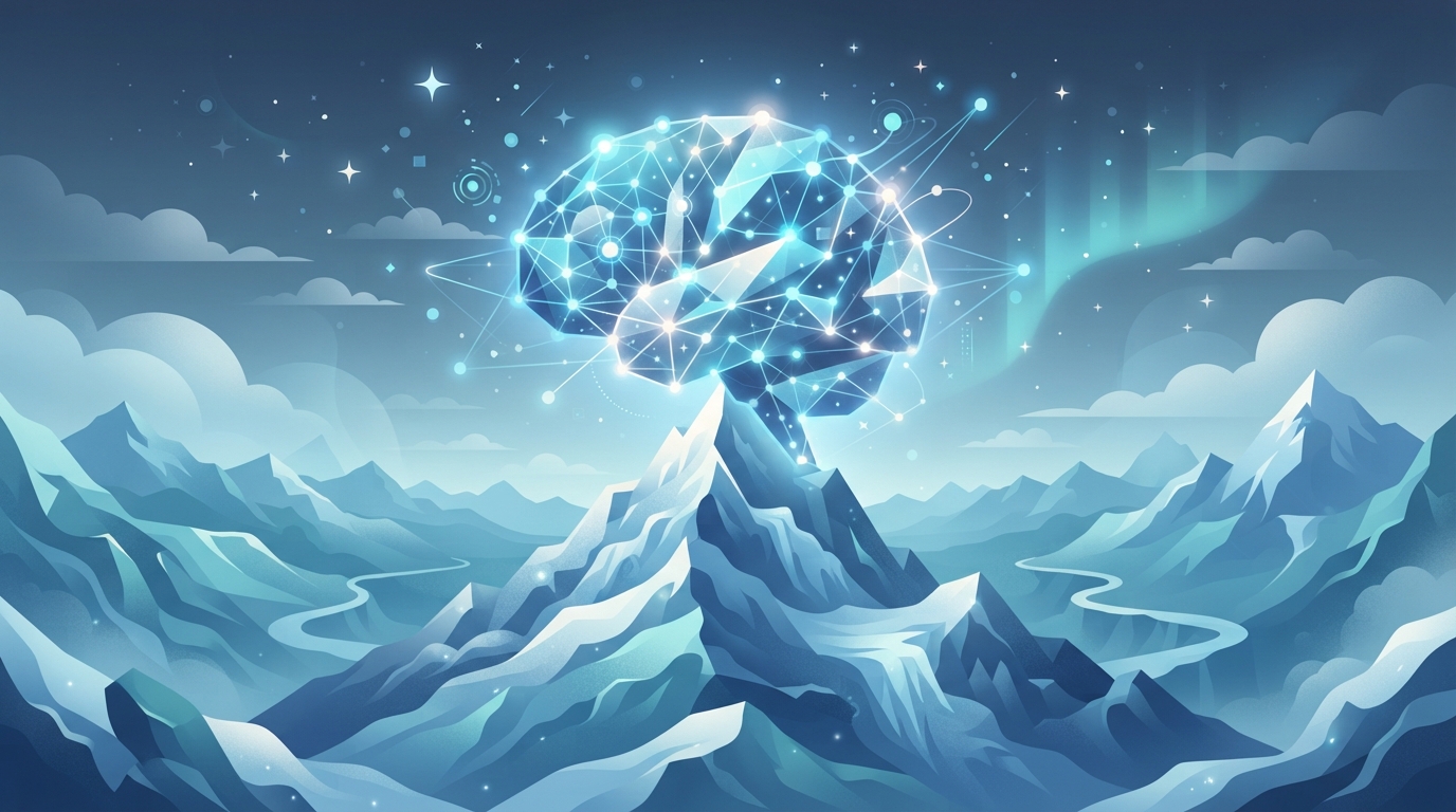 Stylised illustration of a glowing network-shaped brain on a snowy mountain peak.
