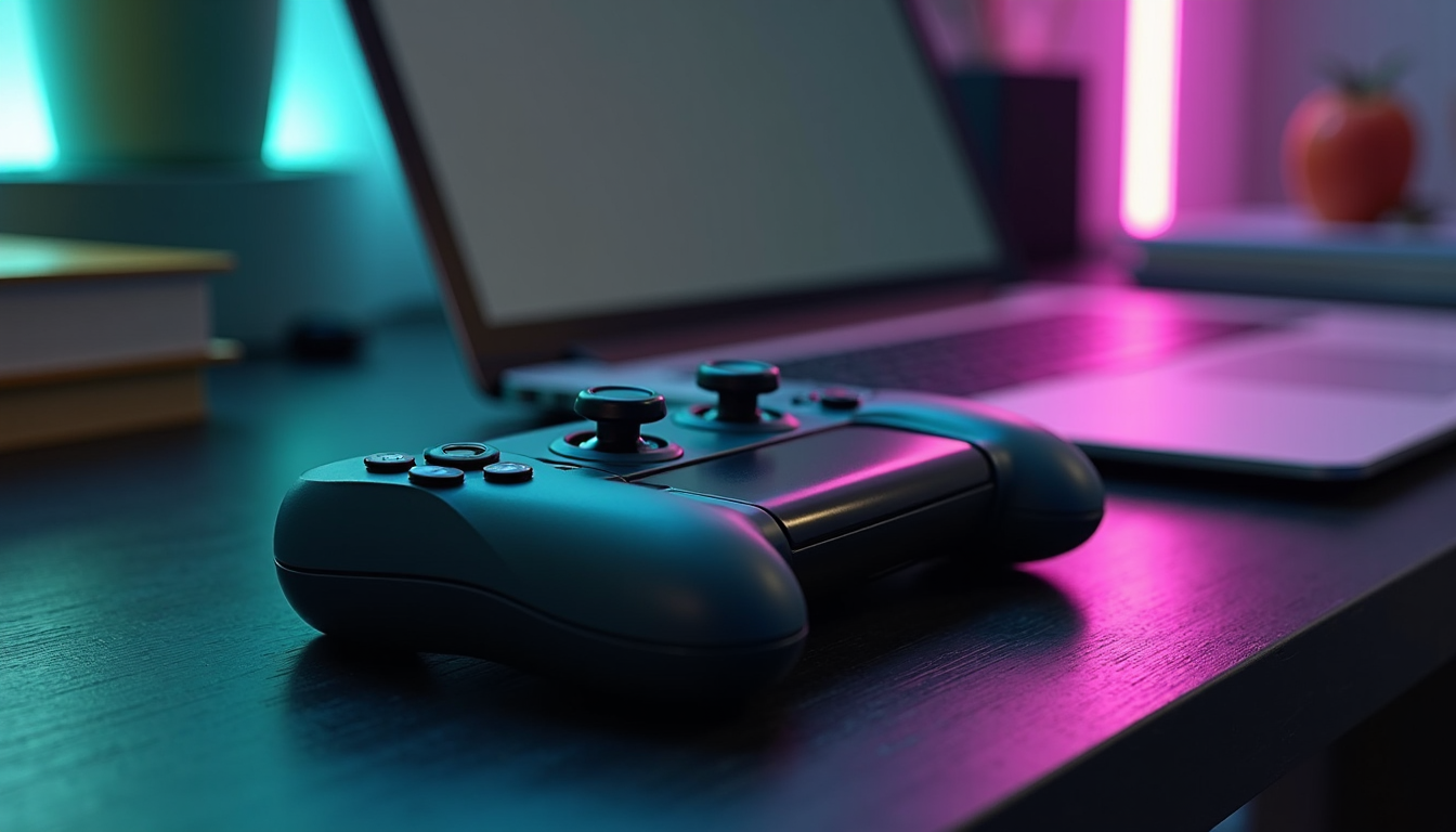 A gaming handheld on a desk with ambient lighting.