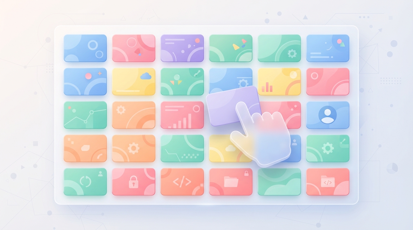 Stylised illustration of colourful rounded cards in a grid being rearranged.